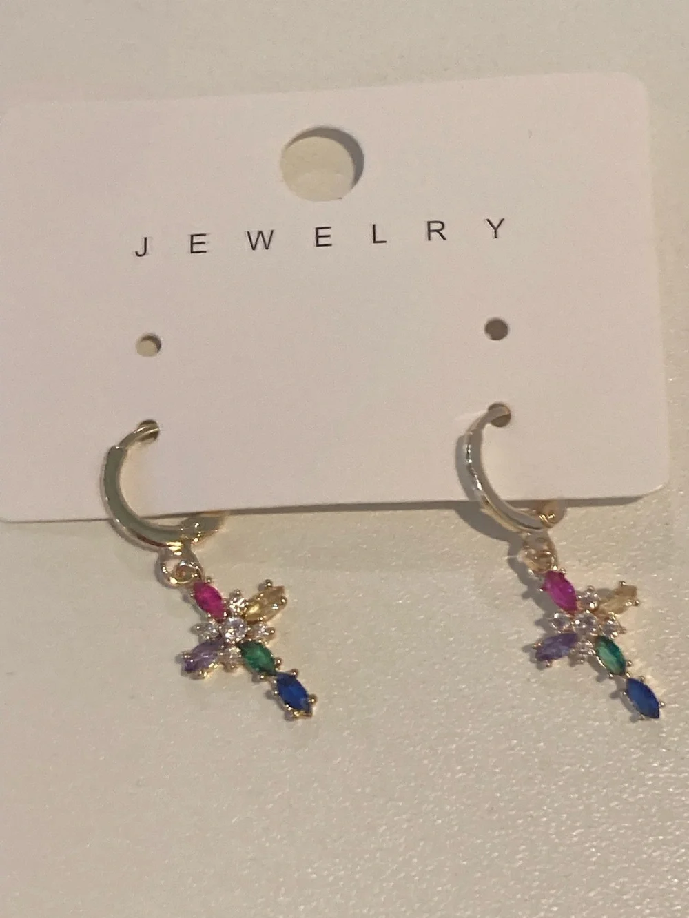 Gold Multicolor Cross CZ Drop Earrings -_3